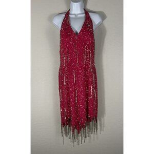VTG 90’s Y2K I.‎ Magnin Hot Pink Beaded Tassel Bombshell Dress 4 Mermaid 00’s